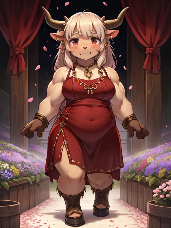 Minotaur Girl , Muscle , (realistic Minotaur face) , (realistic Minotaur legs) , Nose ring , Horseshoes , childish light dress , moist eyes , Primula in full bloom , Petals are falling