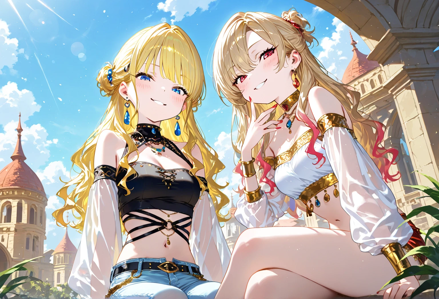 blonde hair, long hair, green eyes, with slender legs and an enticing beach pose, wearing a elegant red gown that shows off her navel, resembling an Arabian belly dancer. She has a short trimmed skirt and her flowing blonde hair is styled in a side ponytail. Her captivating blue eyes exude happiness, while her outfit highlights her alluring cleavage, happy