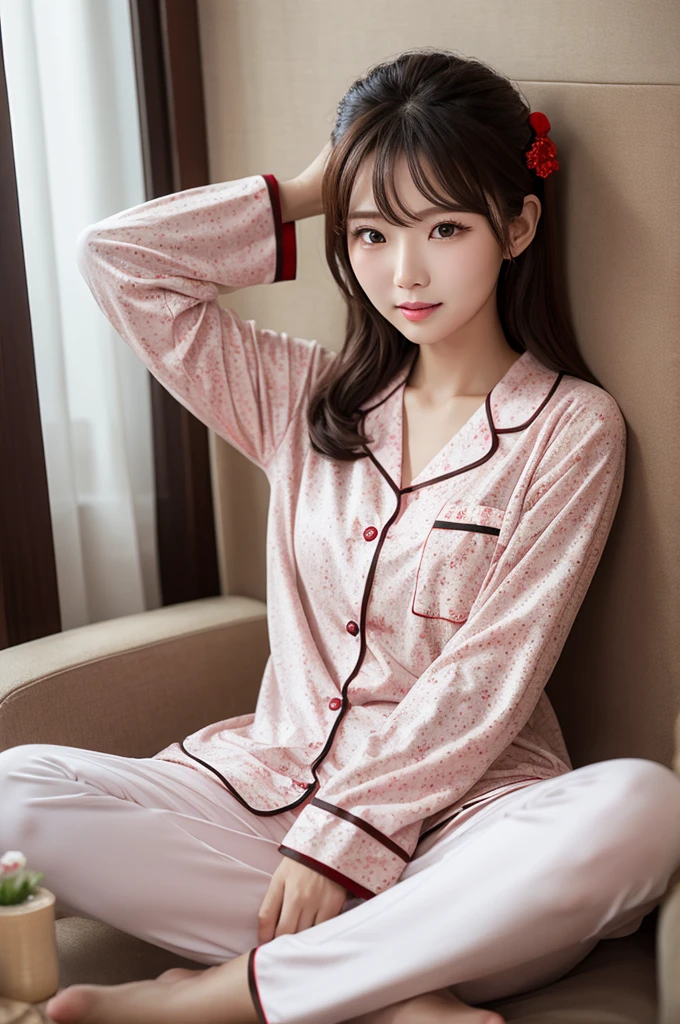 realistic pictures (1 cute korean star) shoulder length hair, white skin, light makeup, chest measurement 32 inches, smile a little, wearing colorful pajamas, kneel by the bedside, close, rococo style, chromatic aberration, 16k