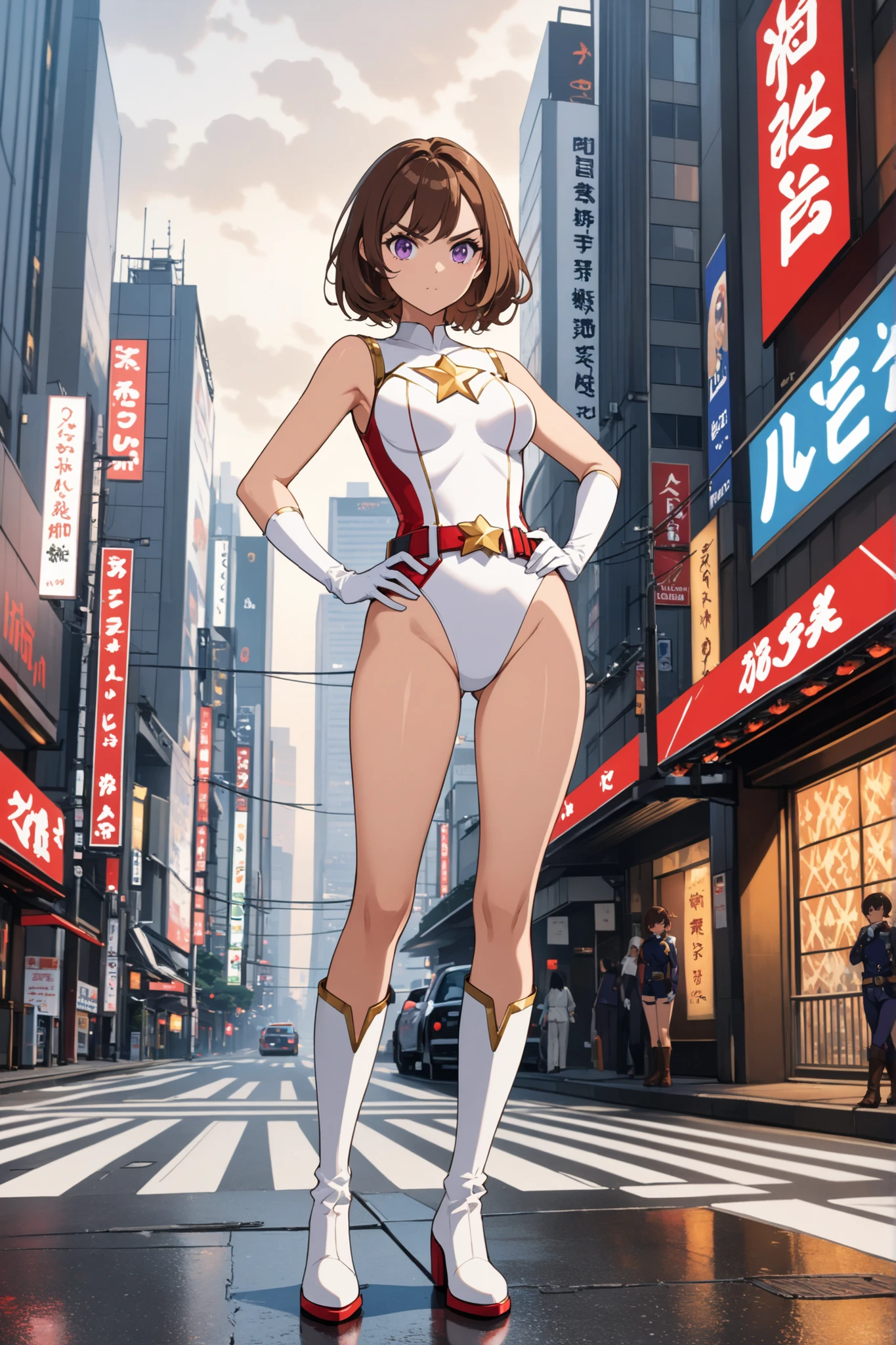((masterpiece)). ((best quality)), ((highres)), 1girl, solo, short hair, brown hair, purple eyes, (full body), standing, hands on hip, (sleeveless white and red leotard with yellow accents and star emblem embedded in chest area), (matching white gloves), ((bare legs)), superhero, tokyo city backdrop, matching boots, medium breasts, 20 age,