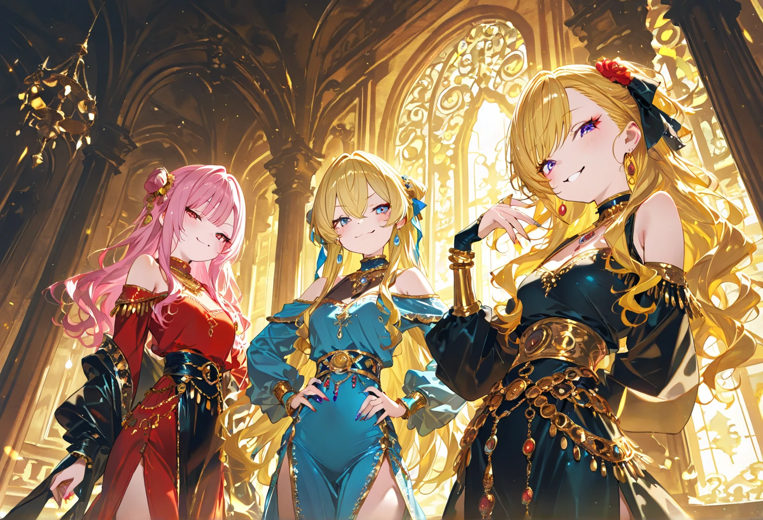 1 man, 3 girls, harem anime, detailed face, model pose