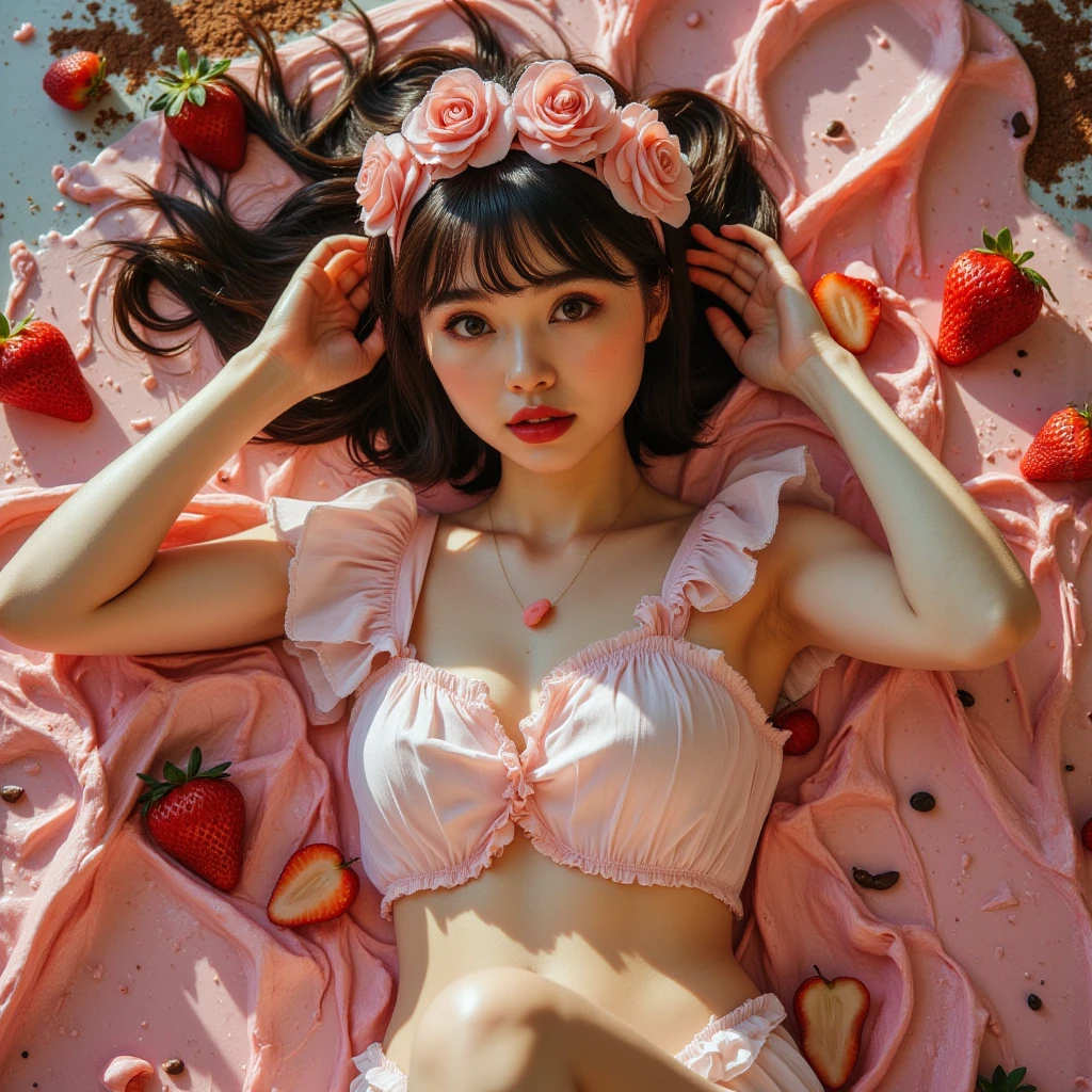 (((Cute Elementary School Girl((9 years old、Juvenile body shape、)))))(((fully body photo、Shooting from above)))(((Lying on your back in bed)))((Focus on the crotch))mix4, ( Raw photography, top-quality, masterpiece: 1.45), (realisitic, Photorealsitic: 1.37), one girls, cute little, profetional lighting, Black Hair Ponytail, girl with, top quality photo, hight resolution, 1080p, (clearface), , (masterpiece), (Exquisite CG), extreme light and shadows, dishevled hair, masterpiece, lush detail, (Highest Quality Photos), (masterpiece), (finely eye), Look in front of you, Fine clavicle, ((fullnude、large full breasts)),((Strawberry print bra))((Strawberries in the crotch)))、(((Hotel Bed)))