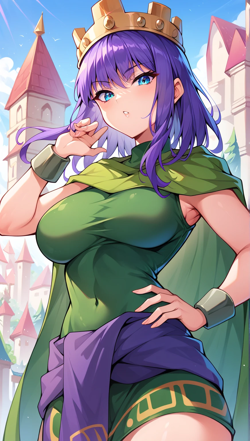 ((8k, best quality, beautiful girl) , 1 girl ( Archer Queen - (Clash of Clans),purple hair,30s,big-huge breasts, beautiful girl), ,2 hands perfect , blush ,back view