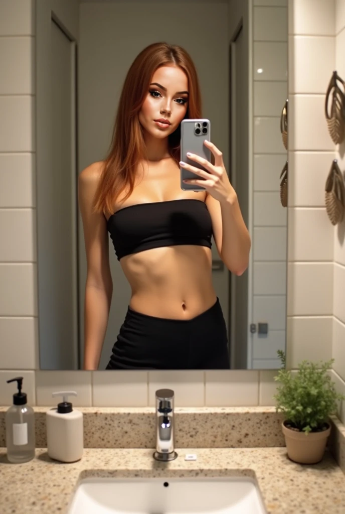 beautiful 18 year old woman, chestnut hair,sad face, in underwear taking a photo with an iPhone