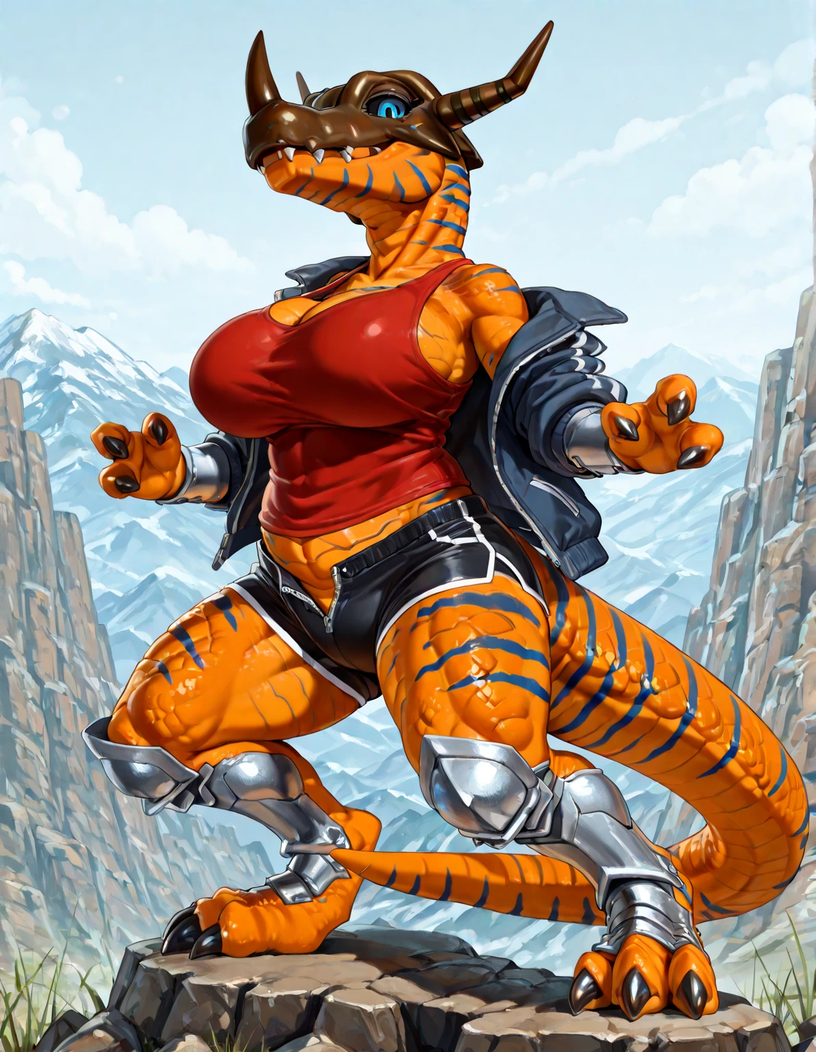 young Korean woman with golden eyes and a tail of lush sandy hair, tanned bronze skin, huge chest, dressed in a blue coat with rolled up sleeves, a steel breastplate, a wide leather belt, leather shorts, leather gloves, rides a powerful mutant half crocodile half bear in armor on background of a dense forest, dark fantasy,