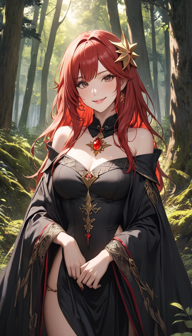 bitch <lora:malty_melromarc:0.8>, green eyes, red hair, dress, cape, outside, forest, looking at viewer, (masterpiece:1.2), best quality, high resolution, unity 8k wallpaper, (illustration:0.8), (beautiful detailed eyes:1.6), extremely detailed face, perfect lighting, extremely detailed CG, (perfect hands, perfect anatomy),