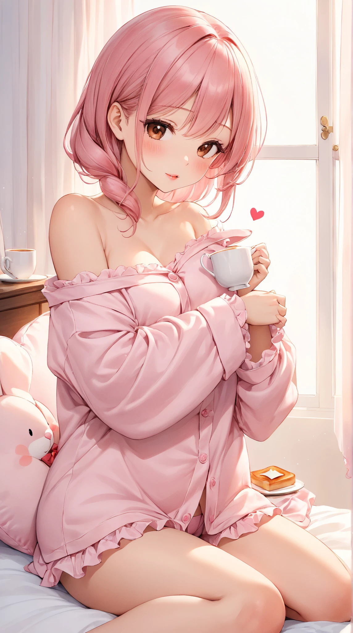 ((((high definition anime, anime aesthetic, anime style, digital art))), highly detailed girl with cute face and eyes, detailed loose bathrobe, revealing, flirty, blushing, nice thighs, window, flowers, sidepose, detailed bedroom