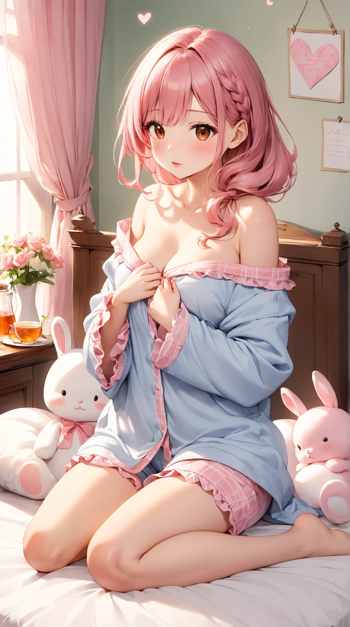 (Masterpiece, top quality, absolute resolution, real stick, realistic materials and textures, perfect anatomy), BREAK Subject: Photo girl Subtitle: Junior high school girls, thighs, small, cute, BREAK pink kawaii room , pink gothic room, messy room, Marchen, macarons, Candy, heart item, ribbon,star item, small window, (Miscellaneous goods are placed in a mess:1.3),dresser, antimacassar , busty, blond hair, topless, naked