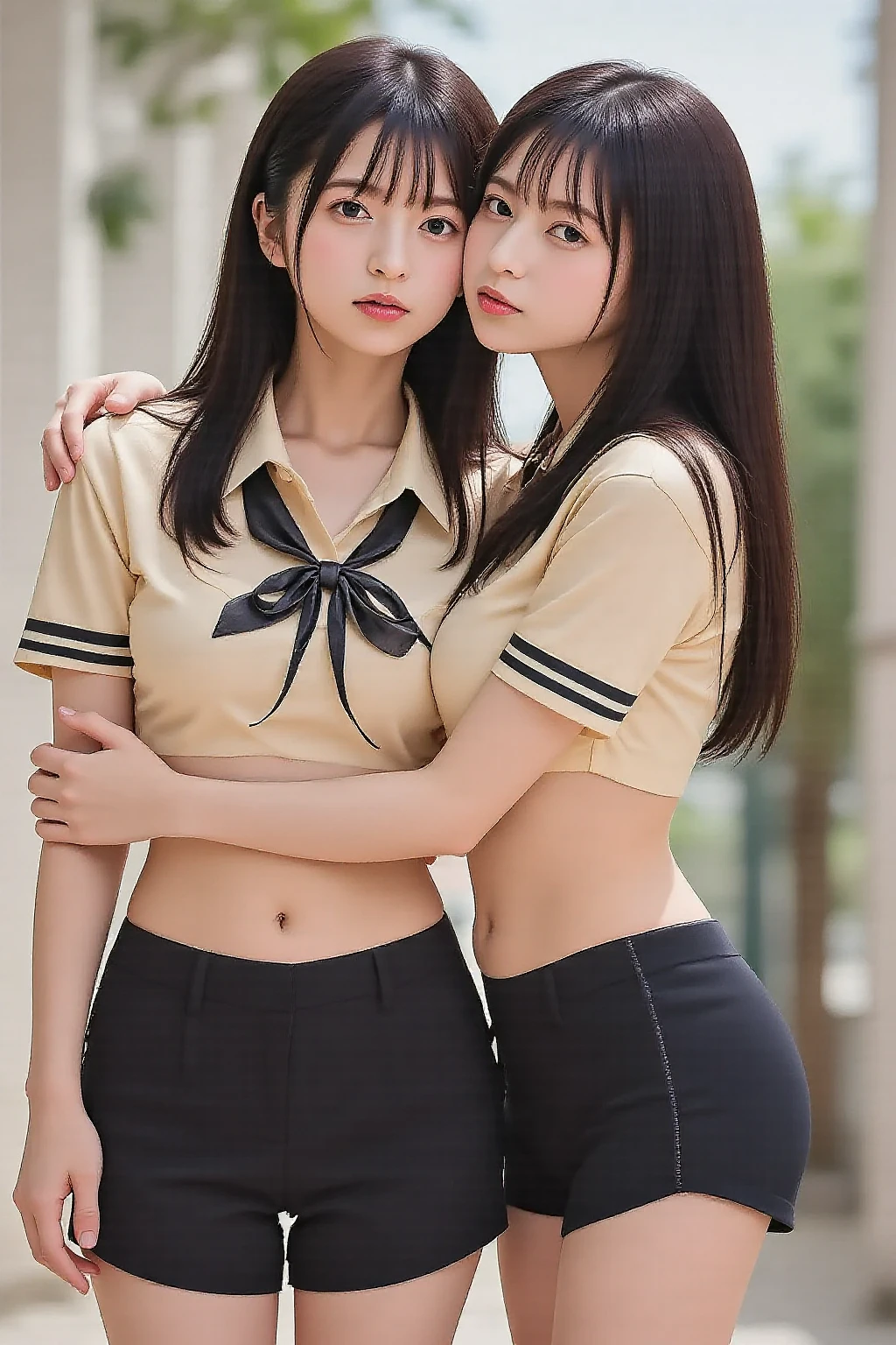(ung girls), (highly detailed Beautiful face), Amazing face and eyes, (Best Quality:1.4), (Ultra-detailed), (extremely detailed CG unified 8k wallpaper), Highly detailed, High-definition raw color photos, Professional Photography, Realistic portrait, Amazing face and eyes, Pink eyes, (hi-school uniform, pleated mini skirt:1.3), Double buns, brown hair, model, smile shyly, (pink underwear:1.3), (((Bokeh))), depth of fields, depth of fields, beach, twilight, sunset,