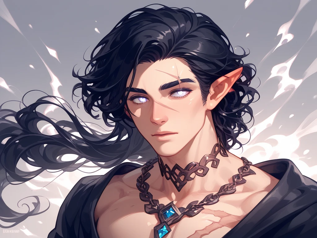 (absurdres, highres, ultra detailed), (1 solo male) 1 male, elf adult, handsome, tall slender guy, narrow eyes, narrow shoulders, finely detailed eyes and detailed face, messy shaggy black hair, side bangs, bangs, green eyes, sexy twink, shirtless, final fantasy 14, dog collar, full body shot, sleepy eyes, eyes partially closed