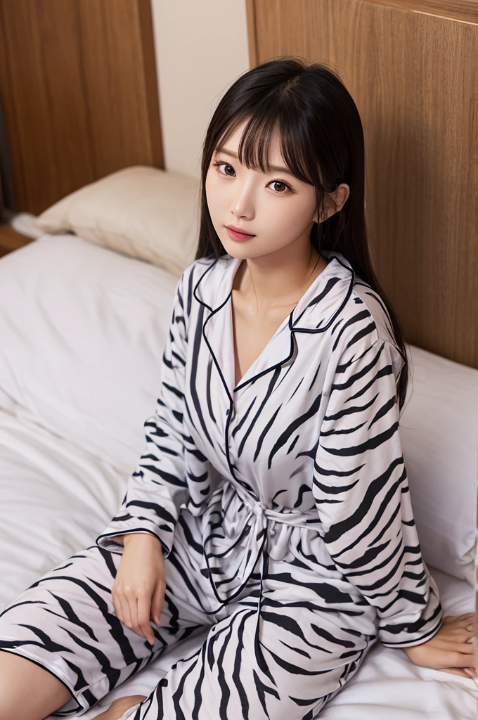 Zebra print shirt、Zebra print shorts、Bob Hair、Brown hair、living room