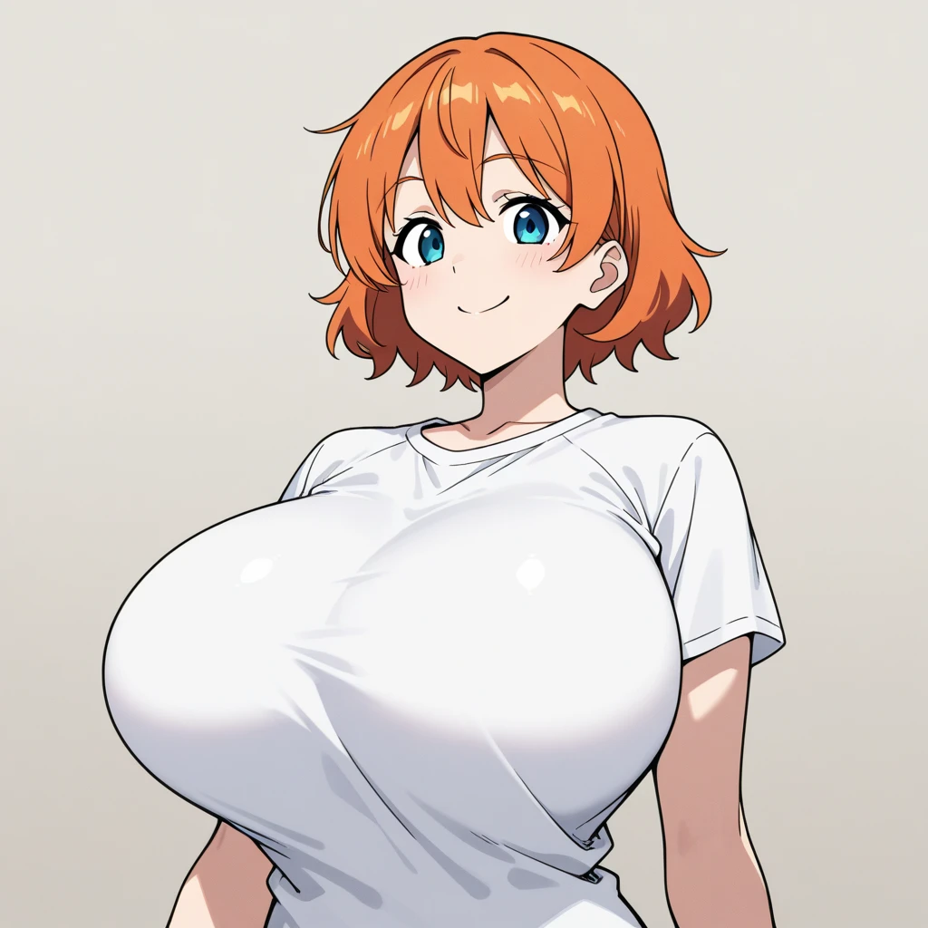 1 girl, Alone, Upper part of the body,
Orange hair, wide,
orange eyes, long eyelashes, thick eyelashes, looking at the viewer,
SMILE,
White shirt with light blue yallas,
White background, simple background, ((busty1.87,)) (giant breasts:1.2), t-shirt clothing ((argentina,))
