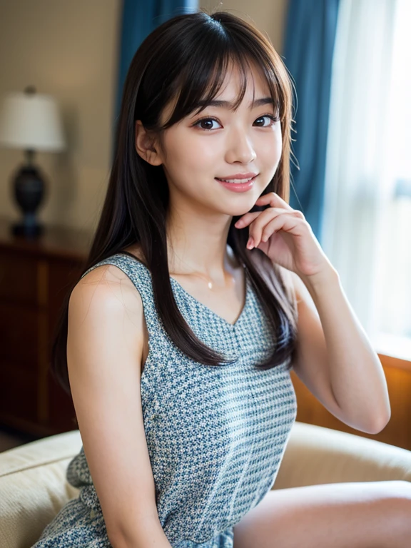 highest quality, Realistic, In detail, High resolution, 8k wallpaper, Perfect dynamic composition, Beautiful details, Random sexy poses,Random Situation、Laughter、(Droopy Eyes 1.3)、Japanese、Tight panties、highest quality、Complete limbs、Full Finger、Slender Beauty、Straight hair、Twin tails、Knee-length、A faint smile、