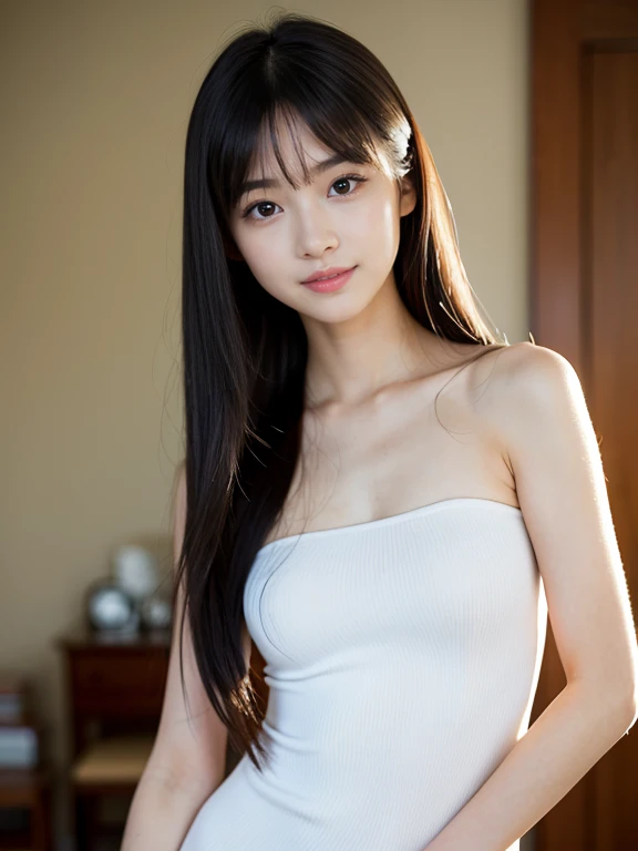 ((Highest quality))、 ((Masseter muscle area))、Ultra-high resolution、RAW Photos、Intricate details、Professional、Sharp focus、Photorealistic、Real Life、Surreal、Photorealism、シルエットLight、In detail、Highly detailed CG Unity 8k wallpaper、Perfect artwork、Deep depth of field、No perspective、Detailed Background、Shiny Hair、Shining Eyes、Glowing Skin、Realistic、Looking into the camera、Very delicate and cute、Cute Detailed Girl、Pure、かわいいBig eyes、フェイシャルLight、Cinematic Lighting、Transparent material、Realistic facial expressions、（Intricate details)、No makeup、（Delicate face、Delicate eyes and face）Detailed skin、Optimal ratio of four fingers to one thumb、(Flat Chest: 1.4)、Short torso、Extremely slim legs、Transcendent small butt、((soght、very young face、Innocence、Facial HighLights、Professionalフェッショナルライティング、1 girl、White Lightweight tank top with thin fabric、ホワイト シアー Light ショーツ、Back Lighting、((Stand facing forward))、Put your hands on your hips like a model、Floral、((Not blurry))、Skinny style、((Hit the knee))、((12 years old))、(Beautiful pitch black shiny one-tail medium hair:1.4)、(A super beautiful woman with a cute face:1.6)、low length、Beautiful shiny black hair、((Super Slender Girl))、((A super beautiful girl and her childhood in Japan))、plump round face、The face is small、Small nose、Healthy Face、Soft lips、Pale cherry lips、(fairly thin eyebrows: 1.4)、Glowing big black eyes、Big eyes、(The corners of the mouth turn up:1.4)、Clothes are see-through、Protrusion、Stand upright、(A shy smile:1.8)、Fewer clothes、Sleeveless、Pay attention to the details of the cavity、Floating Hair、左右対称のBig eyes、Barrette、No makeup、