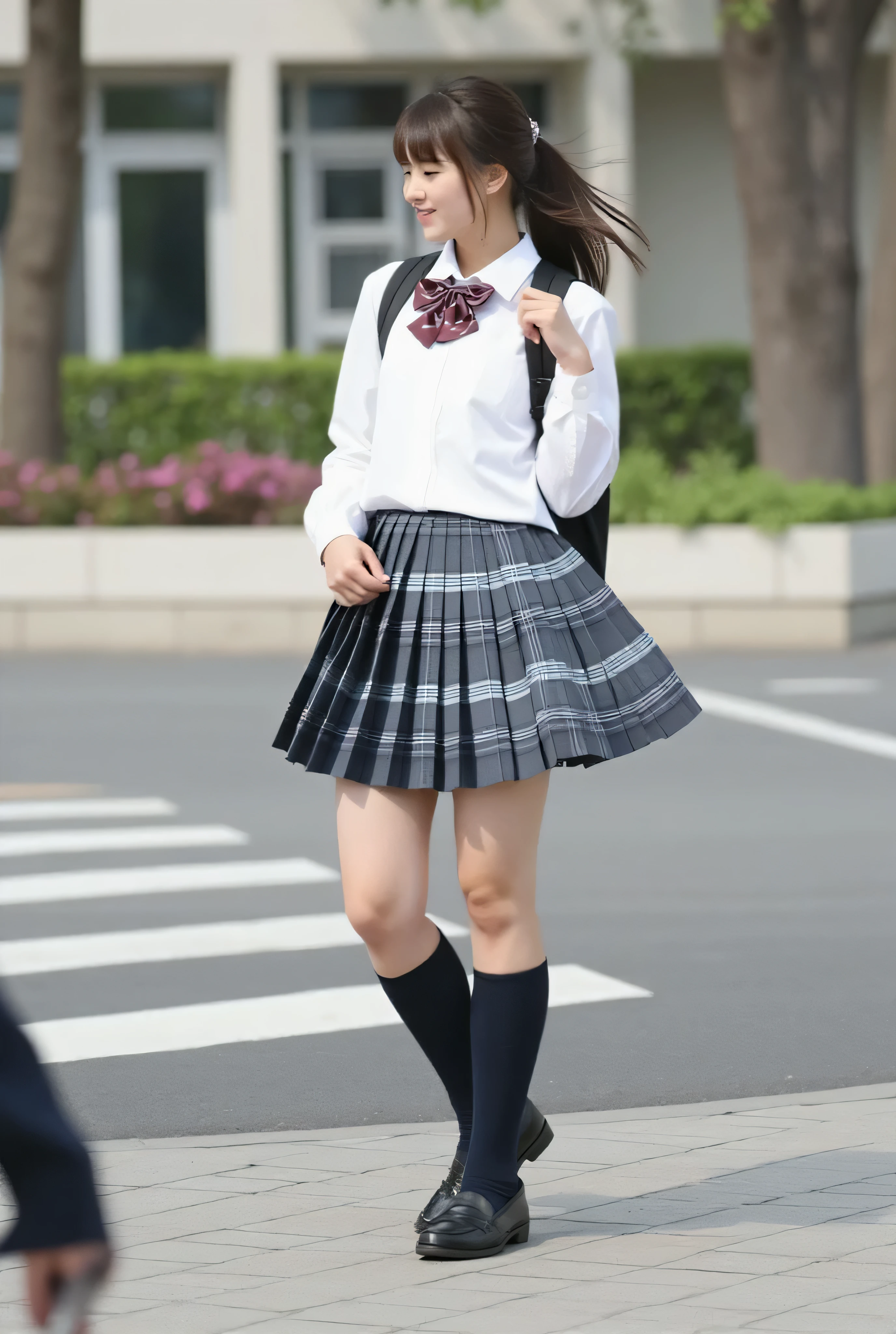 live-action、Highest Quality、ultra high definition、8k、station、 sunshine、、stationのホームで電車を待っている、high school girl、Short stature woman、Carrying a school backpack、(Standing with a sexy gesture:1.5)、, I can clearly see my sexy thighs、brown hair、Ponytail、 bangs、( big  1.5)、model body type、Whitening、White school shirt、dark blue high socks、A pleated skirt with a different color and pattern every time、dark blue high socks、black loafers