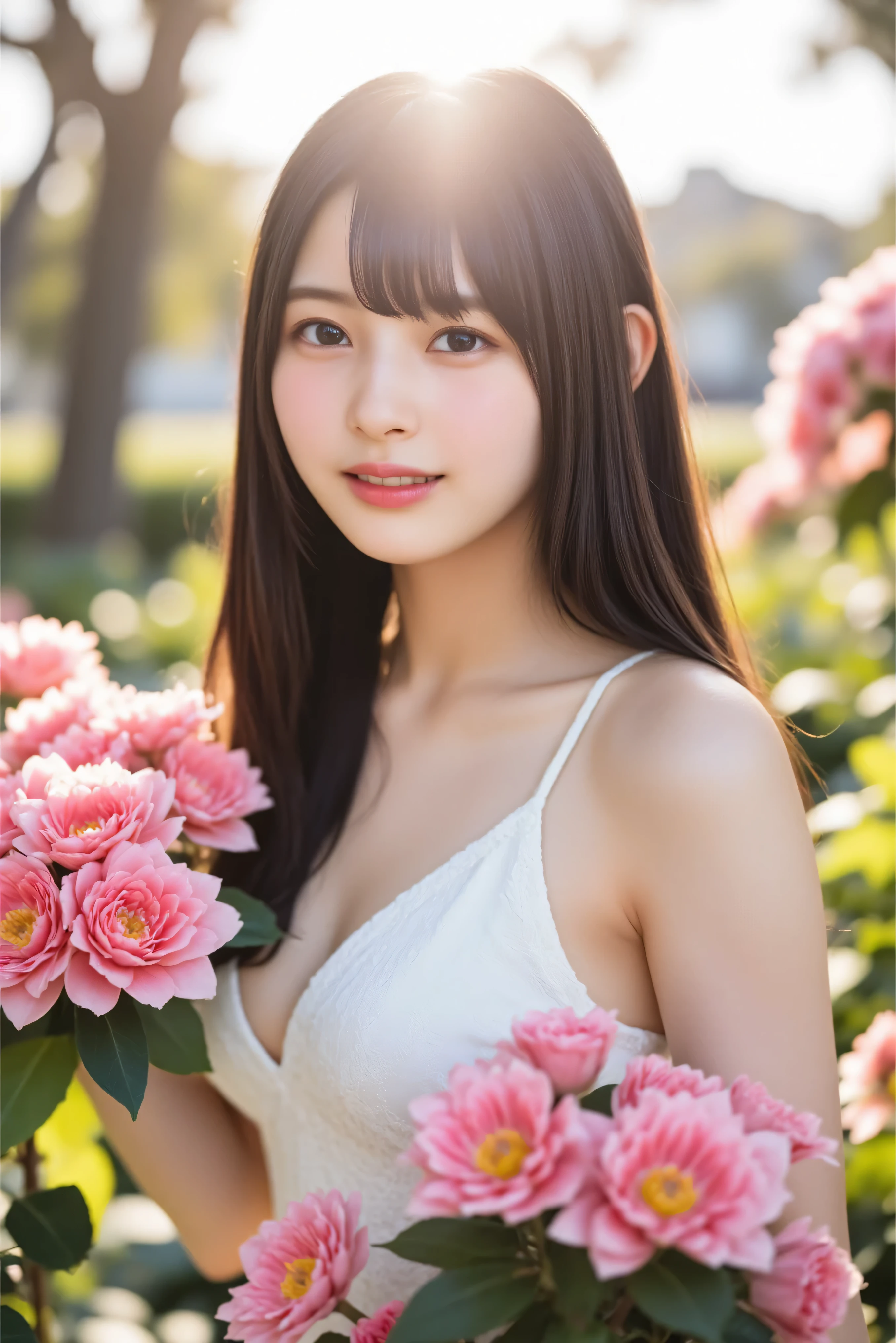 laughing out loud,2,cute,Wear dresses,girl next door,outdoor,(knee shot), 1 woman, On the face, light brown hair, blunt bangs, hair behind ears, Hair over the shoulders, long hair, Slender body type, Super thin face, face slimming, delicate lips, beautiful eyes, Thin blush, Eyes are light brown,Check it out here, (realistic:1.3), On Sakura Avenue, One person's perspective, 8k, Super detailed, high quality, best quality, High resolution,(masterpiece))、(top quality)、8k、high detail、Super detailed,Seductive and whimsical style、masterpiece、born、Scenes resembling fairy tale illustrations、Intricate details and complex designs、Beautifully、magic、capricious、 Beautifully、Dream aesthetics、「𝓡𝓸𝓶𝓪𝓷𝓽𝓲𝓬、ethereal、charming、fickle、magic」、Realism、Visual effects、FXAA、SSAO、Shaders、voiceless、ambient lighting、Tone mapping、High resolution、Ultra high quality、Million pixels、(8k resolution:1.10)、8k、Below 8K、8k resolution、high detail、intricate details, (high quality:1.2、masterpiece:1.2、:1.21)、(female:1.21)、(Smile excitedly)、(full-body shot,Normal 2 feet,Put your hands behind you,Large Breasts,