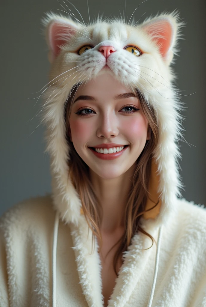 A smiling 28-year-old redhead with a curvy body with a beauty that makes you fall in love when you see her, she is alone while she looks forward smiling, realistic, she is wearing a beige sweater with a cat ear headband, she is taking a smiling selfie in a very luxurious room giving an atmosphere of sensuality