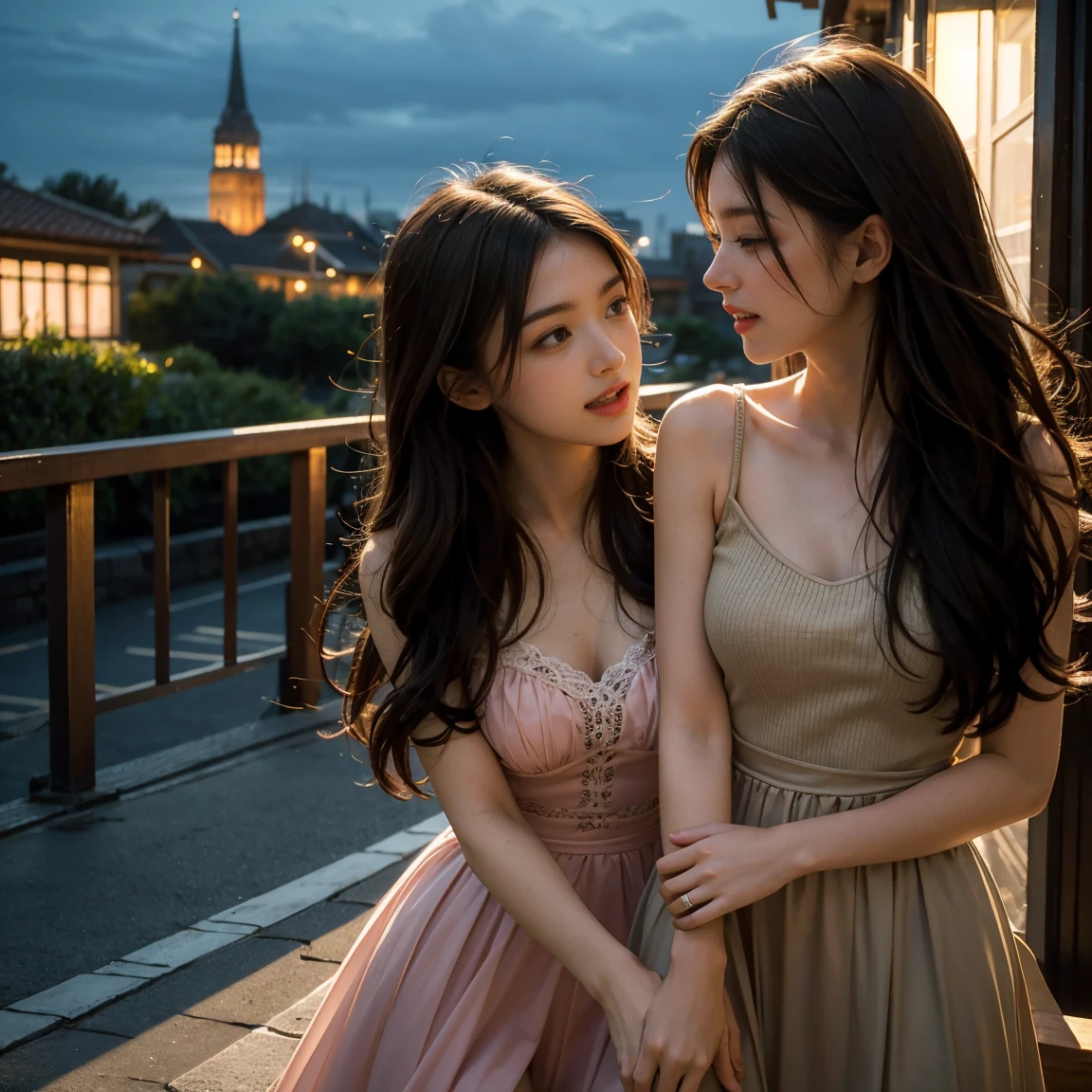 8K, UHD, MAsterpiece, best quality, 1 girl, (realistic face), very long hair, small breasts, decorated dress, very beautiful ornaments dress, pink color, lace, mesh dress, sardine, loops, ipllers, depth of field, light from the front, Light shines into the face, knee short, standing, Arms wrapped around body (self-hug), Candid laugh