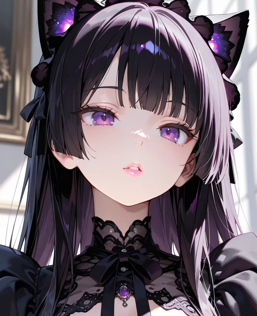 A black haired woman with violet eyes with an hourglass figure with black fox ears and a black fox tail in a Gothic lolita dress is laying on a park bench with a blush  in the park