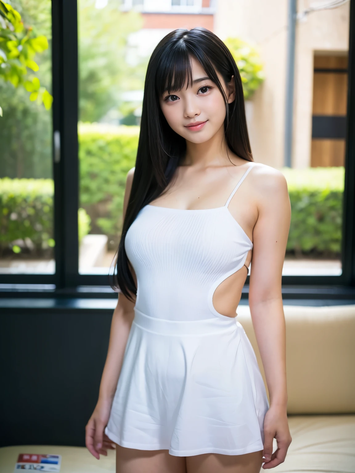 Best-quality, Masterpiece, Ultra-High-Resolution, (Photorealistic:1.4), Raw-Photo, perfect-anatomy, extremely-details, depth of field, professional-lighting, 1girl, 15-years-old, the most famous Japanese idol, at living-room, leaning forward, upturned hip,((extremely cute and extremely ish face like the most popular Japanese idol, ((extremely cute and extremely big b)), extremely cute hairstyle, extremely beautiful hair, extremely cute lips, extremely beautiful skins)), extremely childish body,emely beautiful thighs, innocent-smile