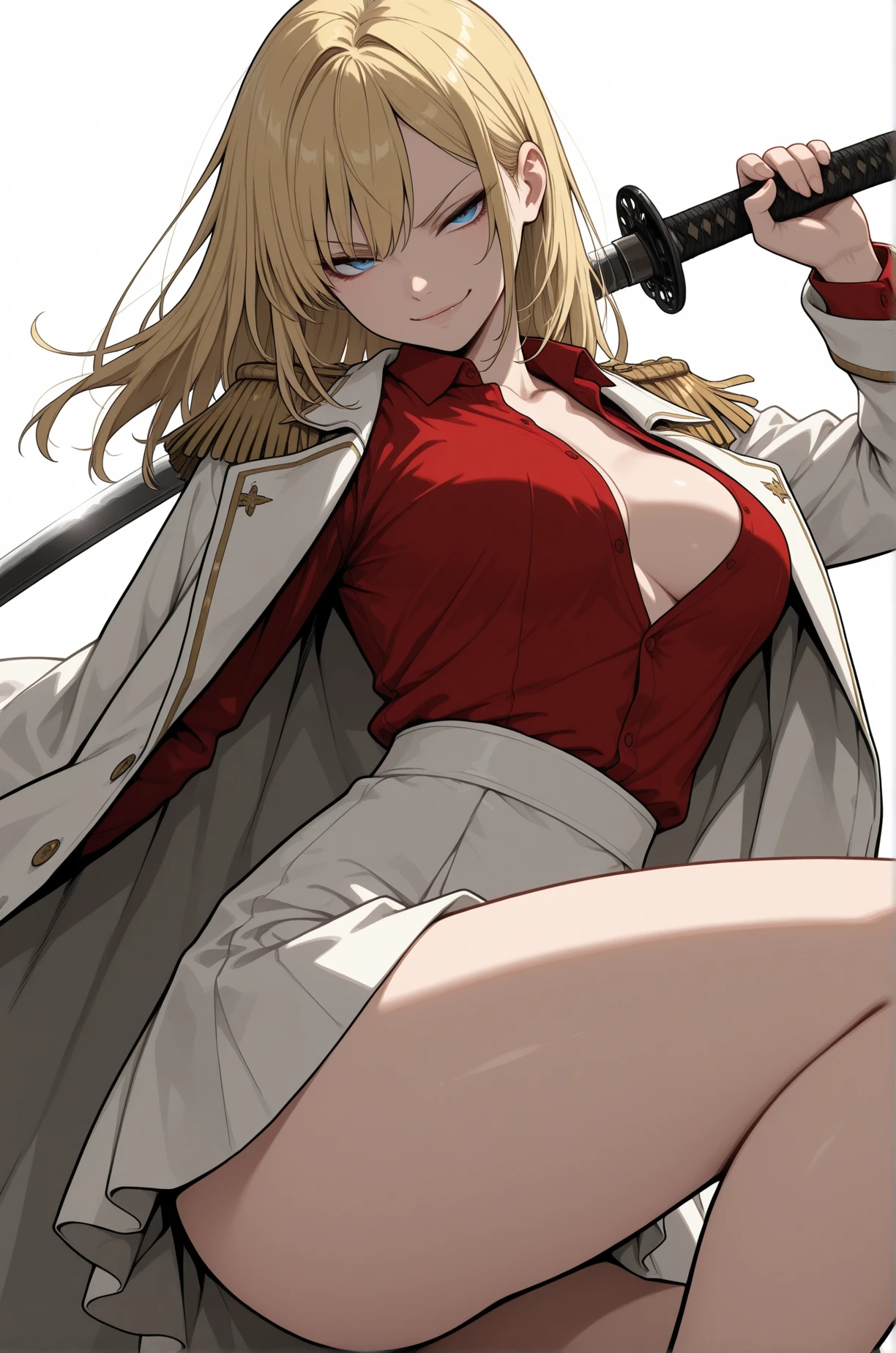 anatomically correct, best quality, masterpiece, high quality, high details, highres, HD, (shaded face:1.2), hollow eyes, blue eyes, looking at viewer, smirk, upper teeth, tsunade, blonde hair, blue eyes, side ponytail, scrunchie, huge breasts, sagging breasts, sweating, "Photorealistic, Hyperrealistic, Hyperdetailed, analog style, soft lighting, subsurface scattering, realistic, heavy shadow, masterpiece, best quality, ultra realistic, 8k, golden ratio, Intricate, High Detail, film photography, soft focus, fantasy art, 1girl, thighhighs, breasts, white_legwear, lips, leotard, solo, arm_up, blue_eyes, looking_at_viewer, hat, white_leotard, jewelry, syringe, earrings, nurse_cap, medium_breasts, armpits, highleg, cowboy_shot