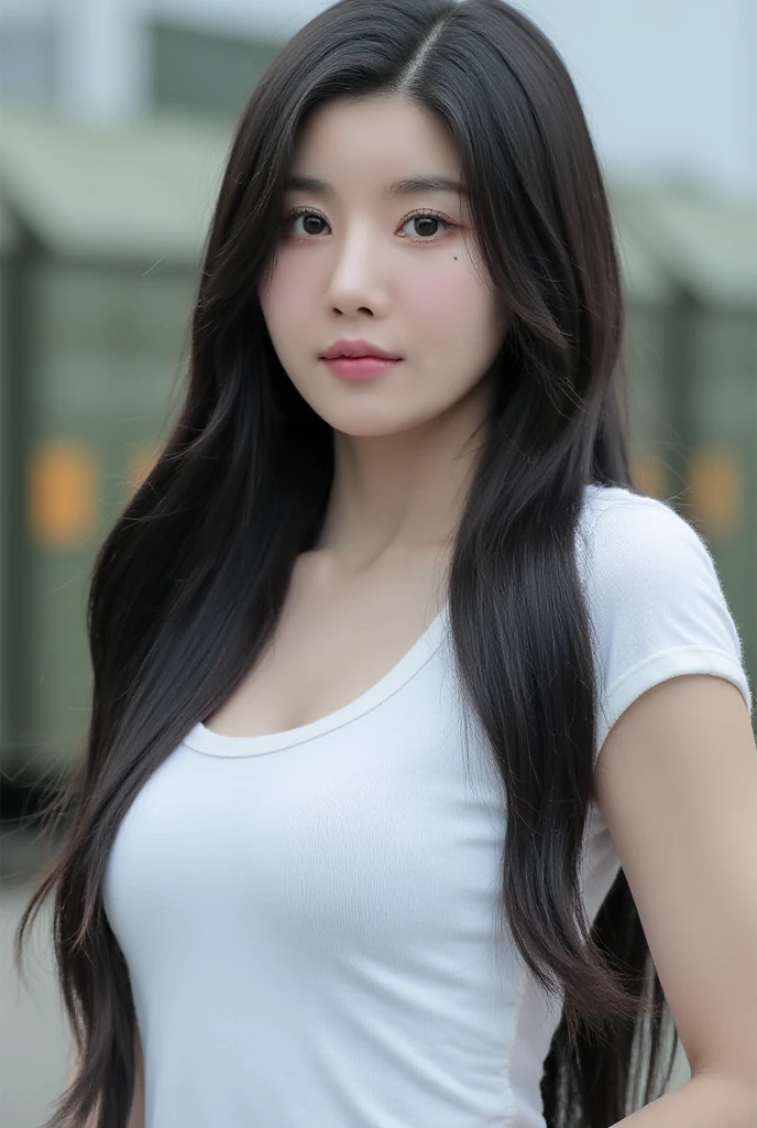 close-up of beautiful Chinese, Ningning is a AESPA South Korean pop girl group, age 22 years old girl, youthful face, perfect body, white body skin, very long hair, black hair, straight hair, 36 inches breasts size, wearing a plain standard white sleeved t-shirt, wearing a tight camouflage leggings, sexy looking pose, pose a naughty look, pose looks seductive, at the military training camp, military training camp background, UHD