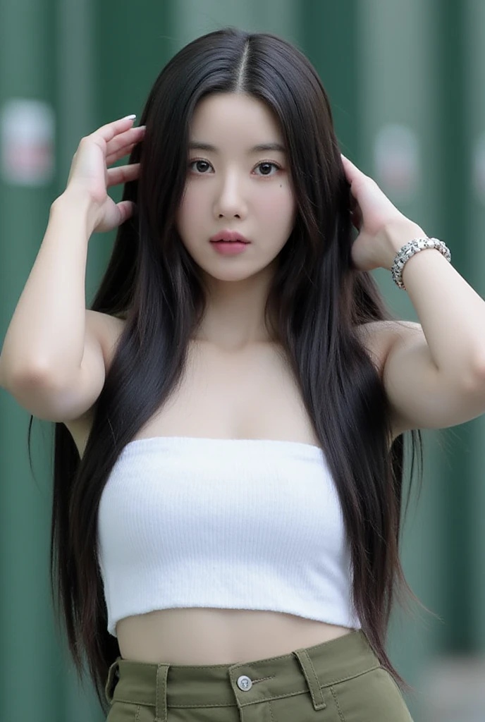 (best quality:1.4), (ultra highres:1.2), (photorealistic:1.4), (8k, RAW photo:1.2),(portrait shot:1.3), bmangpor, 1girl, solo, long hair, brown hair, upper body, armpits, arm up, white shirt, mole on the left cheek