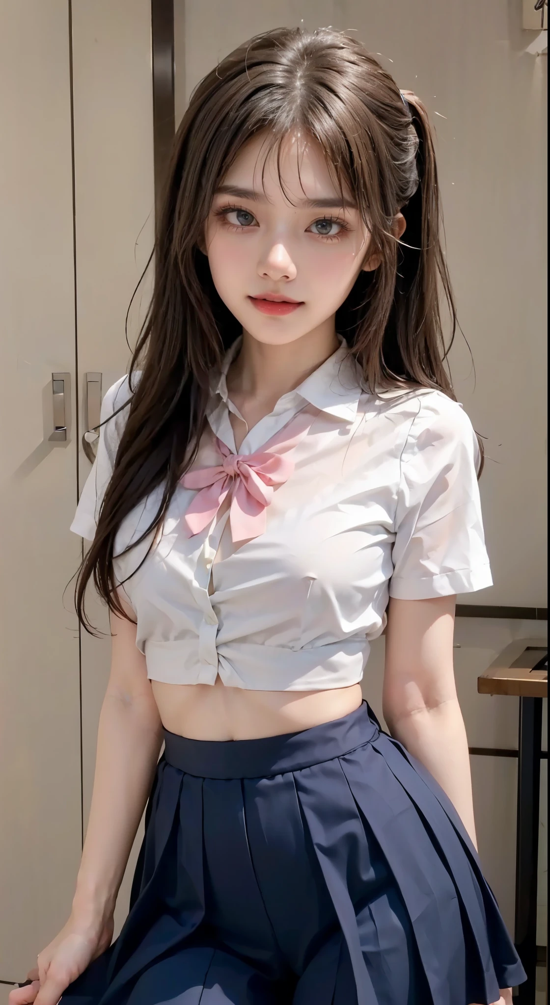 Buckshot of asian woman in pink plaid and white sailor suit, 18-year-old female student, Japan school uniform, japanese girl school uniform, a hyperrealistic schoolgirl, wearing japanese school uniform, a hyperrealistic schoolgirl, dressed as schoolgirl, cutecore, Seifuku, School Girl, Pink Plaid Sailor Uniform Uniform, Ecchi, Realistic Schoolgirl, magical school student uniform、The navel is visible、Tummy is visible、Colossal tits、Slim body、Pink plaid bow tie、(short-hair)