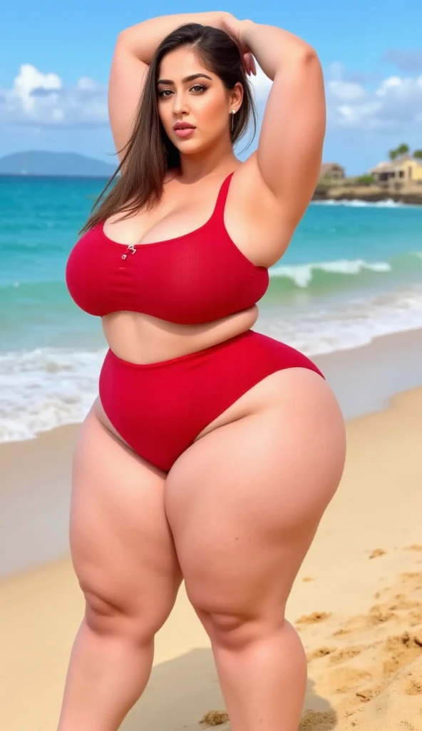 A backview photo of a Beautiful ginger BBW, with long wavy light Brownish-ginger hair, freckled body with big soft fat belly, thicc fat arms, thicc wide legs, small breasts, lot of freckles on arms, in a tight bikini standing on a cruise, crusie side next to a cruise fence on a vacation, looking to the water in a lake watching the sunset behind the hills