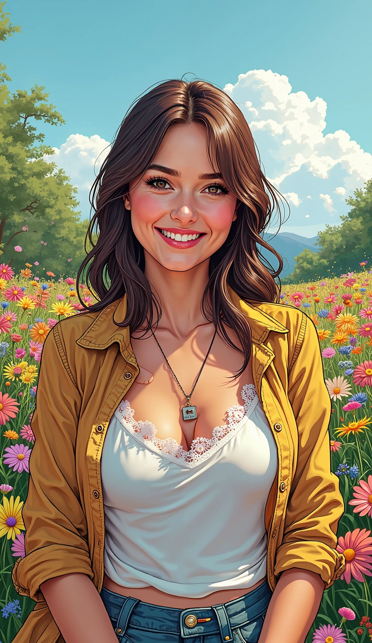 nose piercing, standing, jewelry, orange jumpsuit (insanely detailed, beautiful detailed face, masterpiece, best quality), cleavage, piercing blue eyes, ALISON BRIE. dd-cup sized breasts. short and dainty. happy, smiling cheerful face. Skipping in a magical meadow of daisies. Magical realism. 1950s Panovision 70. 4K Ultra HD, Extreme Detail And Intricate Realism. Stunning 2D Vector Detailed clear. lifelike.