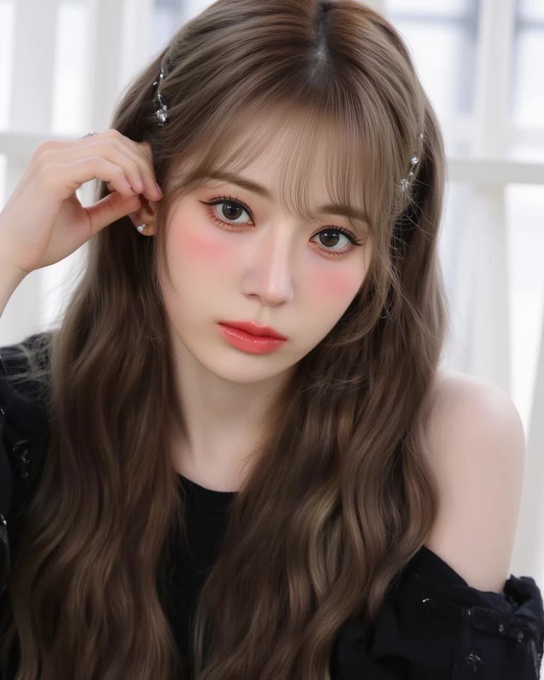 Un primer plano de una mujer con cabello largo con un vestido rojo, maquillaje popular de Corea del Sur, ulzzang, Sakimichan, maquillaje coreano popular, Lalisa Manobal, lentes de contacto rojas, lazo rojo en el cabello, Fairycore, Peinado twintails, red lipstick on face, Retrato realista kawaii, Sakimi Chan, Chiho, Hermosa Delphine