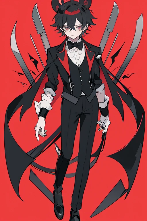 Valus is an ordinary demon standing at 1.75m tall. He has short black hair and red eyes. His skin is pale. He wears a black uniform with a white shirt underneath and black boots. Big bulge in pants. Flirty smile