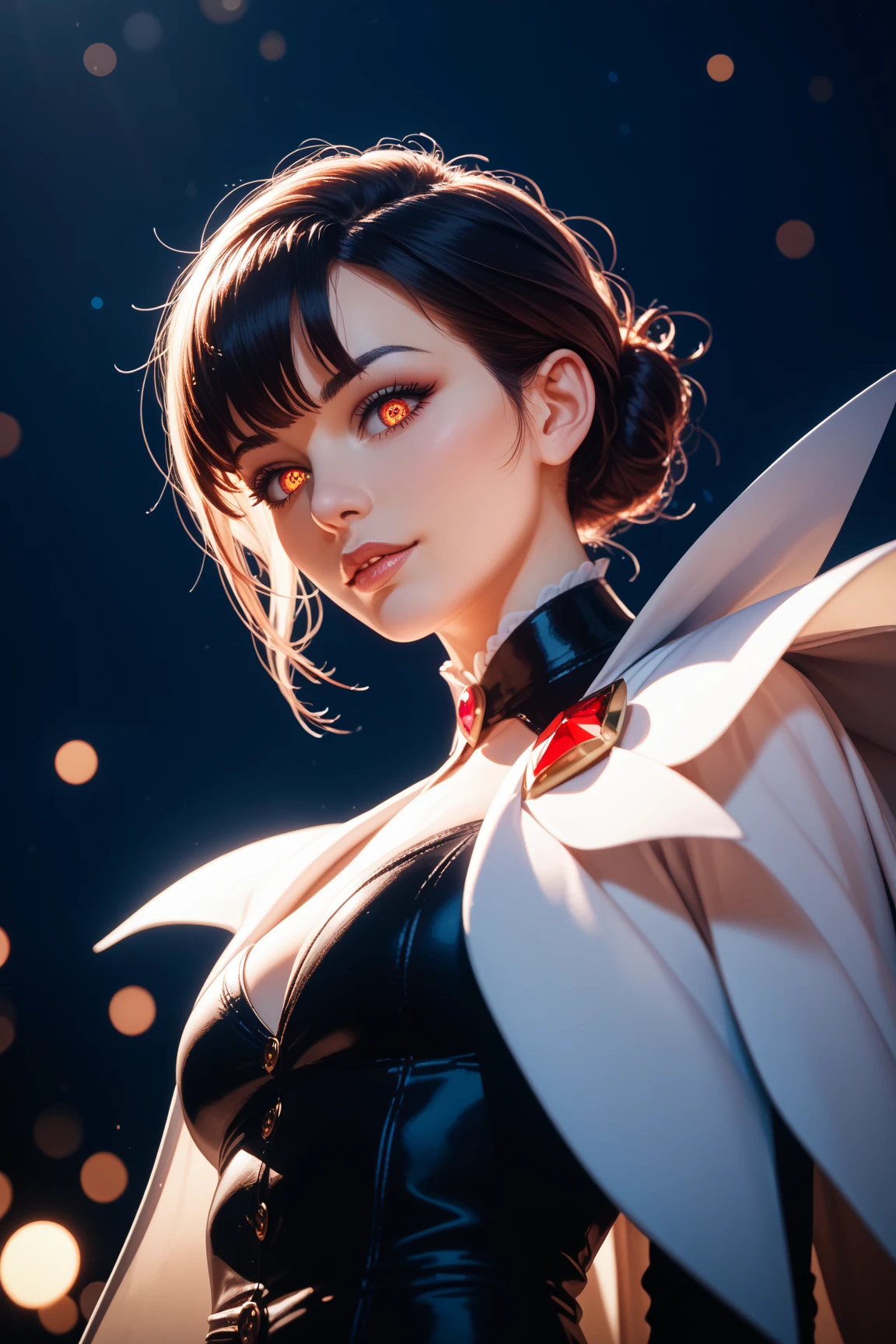 (Masterpiece) realistic BIG bust to the pelvic area of a beauty hyperrealist & photorealist beauty young astonishing idol kpop KNIGHT QUEEN girl in highly & extremely detailed black & white futuristic combat suit body (WITH IRON TEXTURE) with cape & scarf (masterpiece), magic & incantation glowing flying surrounded her, Unity 8k, pearly perfect tanned wet skin with pores (short bob cut hair with colorful bangs fringes) ((perfect face shapes, complete perfect red lips, perfect nose, correct beautiful eyes, eyelashes, detailed intricate iris textured face in ZBrush)), full HD vines, midnight aura, BLOODBOURNE style aesthetic, developed by Unreal Engine 5, Ultra Sharp Focus, Art by Alberto Seveso, Sci-Fi, vibrant & intricate Artwork, golden Ratio, epic