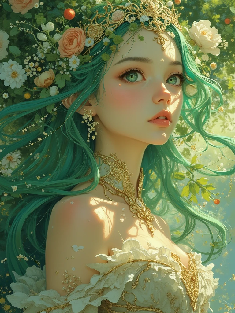 Absurd, ultra-detailed, high quality, masterpiece, detailed face, beautiful eyes(detailed eyes), Greek mythology, Gaia, Primordial Goddess of the Earth, beautiful, a buxom, matronly woman rising from the earth, inseparable from her native element, reclining on the earth, often clothed in green , mother of earth