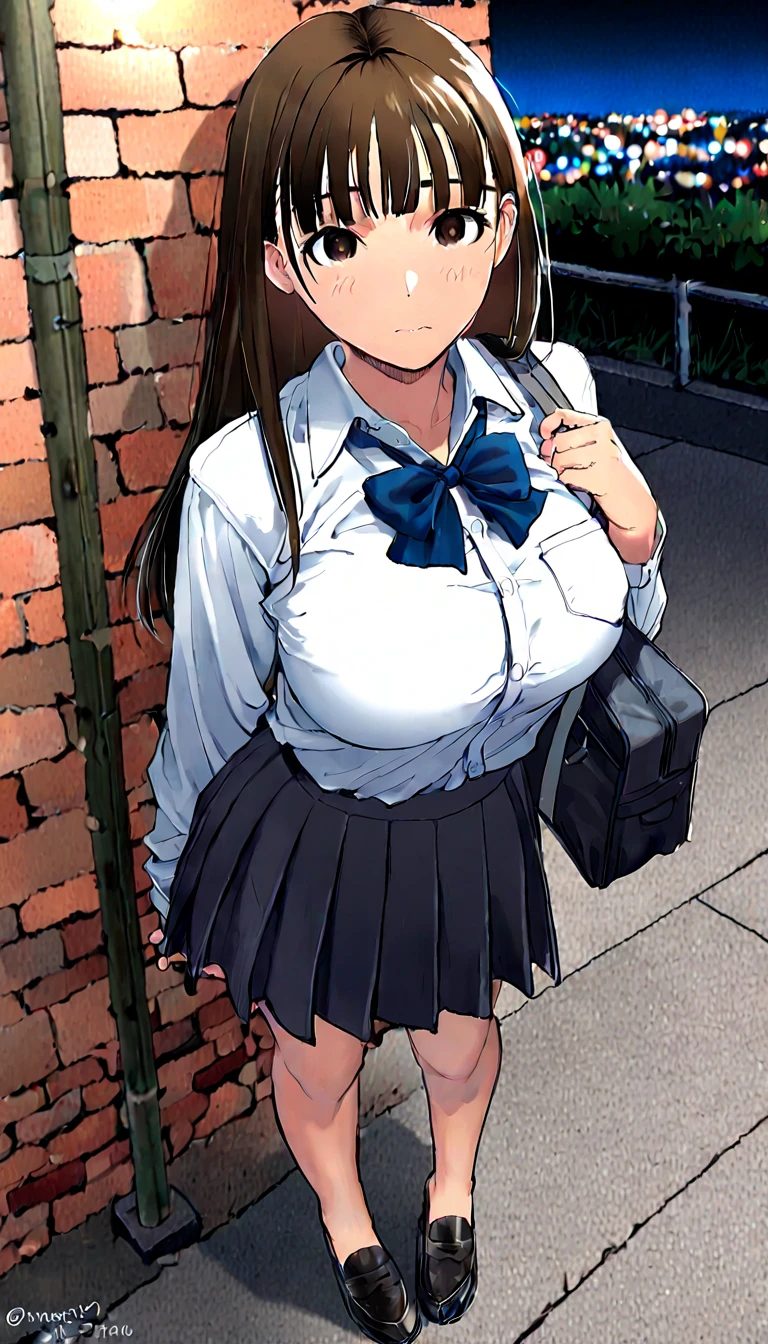 (8k, top-quality, masterpiece:1.2, extremely detailed), (photorealistic:1.4), beautiful illustration, cinematic lighting, nsfw,
beautiful hair, beautiful face, beautiful detailed eyes, beautiful clavicle, beautiful body, beautiful breasts, beautiful thighs, beautiful legs, cameltoe, ,
watching the view, front view, 1 girl, japanese, 19 years old, (perfect anatomy, anatomically correct, super detailed skin), perfect face, perfect eyes, cute and symmetrical face,
(long hair, straight hair, brown hair), hair between eyes, maroon eyes, big eyes, long eye lasher, (medium breasts, seductive thighs), babyface, shiny skin, white skin, slender,
((symmetrical clothinetallic)), ((short sleeve white collared shirts, navy pleated skirt, blue tie, socks, shoes), panties), ((slave collar)),
(((((brown rope)), shibari:1.5, (shibari over clothes)))), ((arms behind back:1.5), breasts bondage, arms bondage1.2, legs bondage), (((toys in panties))),
(beautiful scenery), evening, (school wallway:1.2), (standing), ((ashamed, open mouth)),