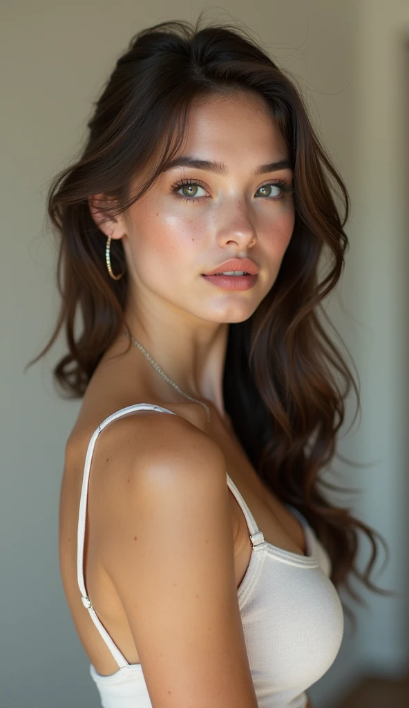 Realistic photo of a beautiful 0lg4k woman, 1girl,solo,long hair,looking at viewer,simple background,black hair,white background,closed mouth,green eyes,nude,lips,realistic,nose, soft lighting, professional Photography, Photorealistic, detailed, RAW, analog, sharp focus, 8k, HD, high quality, masterpiece