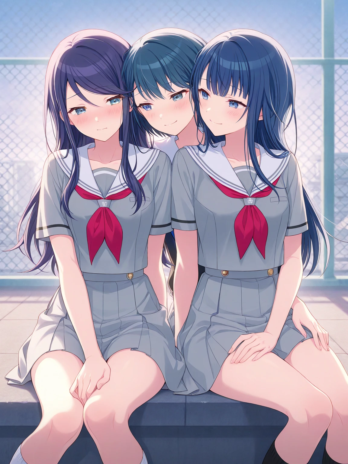 Three high school girls are sitting on the floor.、Three people are making peace signs, Happy!!!, Japanese High School, Various poses, 8K!!, Japanese anime, Cliff of Immortality, 🚿🗝📝, Kyoto Animation Style, 2D Animation, 3D,Angle from below,naked,Have pubic hair