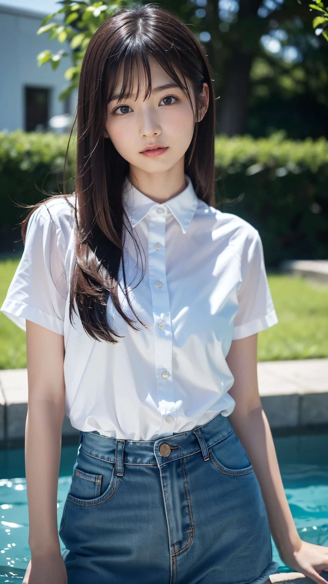 Neat and clean schoolgirl、(Schoolgirl Uniform、Loose and large shirt、shirt wet、The shirt was wet and、、、、are see-through、Sheer white shirt、Navy blue ribbon at the collar、School Uniform Blazer、Dark blue pleated micro mini)、Outside the field、(Slimed)、Photorealsitic、detaileds, Skin Texture, ultra-detailliert、Delicate and sexy collarbone、Super Detailed Face、Detailed lips、A detailed eye、二重まぶた、tiny chest、Smaller chest、small tit、Small、flat breast、Chest emphasis、((Very distressed look、Very embarrassed look、Lift the hem of the skirt yourself,、Show the camera your white panties))、Lowered ponytail hairstyle、Sidetail hairstyle、Braids