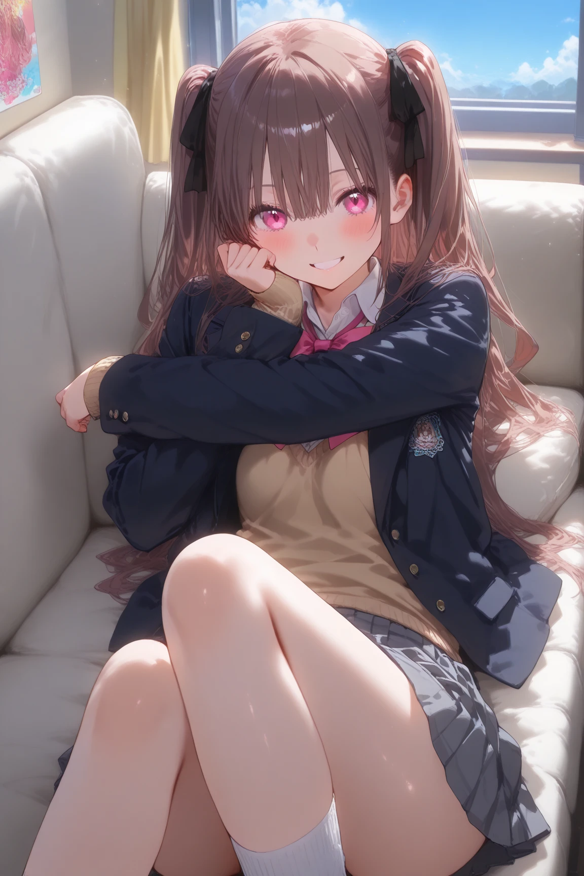(((1girl))), ((best quality)), (((masterpiece))), ((ultra-detailed)), (illustration), (detailed light), (an extremely delicate and beautiful), (beautiful detailed eyes), (sunlight), ((extremely light)), 

((((school blazer and a brief pleated skirt)))),
school girl,

wavy medium hair, (((dark brown hair))), (((long hair))), 
(((deep orange eyes))), 

((whole body)), aged 14 to 17, 
diamond, beautiful, ((extra elegant)), (((condescending expression))), (sexually mischievous smile),  (((extra adorable))), (((extra slender shape))), 

(((((sitting on her knees on the sofa)))),

((((exposed silky whity pink panties)))), (((extraordinarily thin thighs))),
(((mat white ankle socks))),