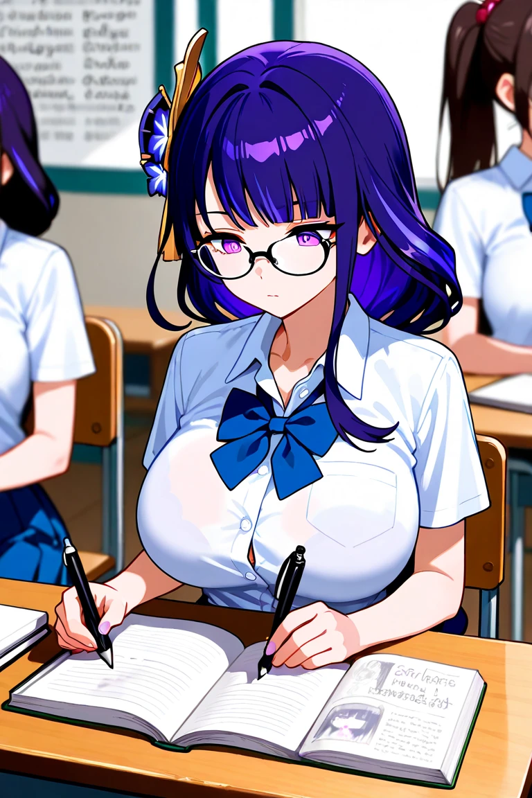 16yo girl, silver blue hair, hime cut, long hair, J cup breast, thicc thigh, perfect body, love shape glasses, pink color, sleeveless blouse, half cut school blouse, micro skirt, deep cleavage, charming smile, sit on the table, classroom scene, clear view