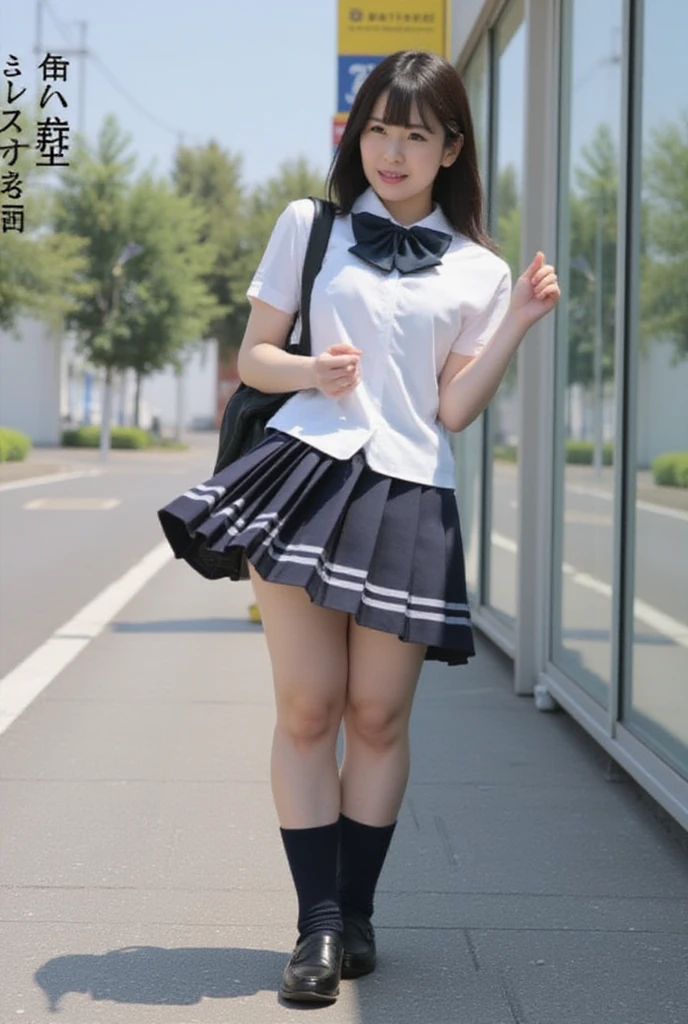Girl Standing In Schoolyard, Cumulonimbus clouds floating in the summer sky, (Navy School Swimsuit:1.1), (wearing a white sailor shirt), Big eyes, Droopy eyes, school bag, 13 years old, (Very slim:1.4), (Very small ass:1.4), Thin thighs, knees, Brown eyes, Short hair tied low, skirt lifting, show pussy line