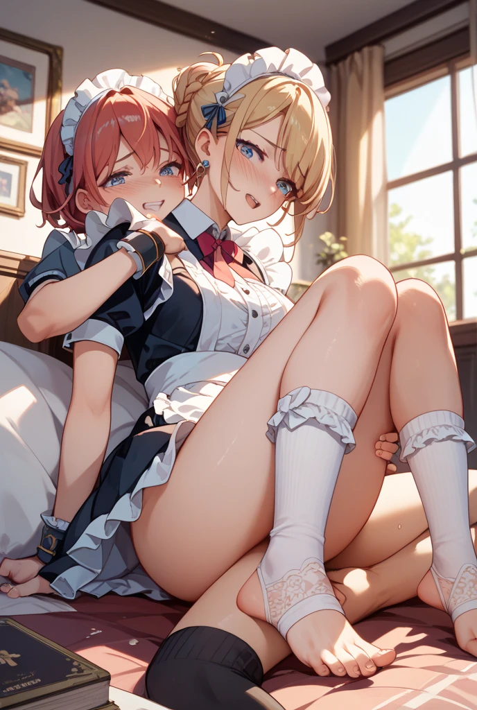 Masterpiece、Highest quality、Highest quality, (long and thin legs, shoes:1.2), Arm behind wrist, squat、Spread your legs、1 girl, (smile、Open your mouth大笑い:1.2), Cute eyes, (Detailed face:1.3)、Open your mouth, The whole face turns red, alone, Oversized breasts, Big and ample breasts, (Straight bangs, bowl cut), White maid outfit、(Bust only super micro bikini:1.2)、Side bust、Underbust、belly button、Walking through the mansion'corridor、nsfw、shoes下