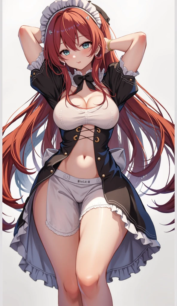a nude cartoon depiction of a sexy, red haired woman in a maids outfit, 1girl, breasts, solo, green eyes, long hair, looking at viewer, maid headdress, red hair, short sleeves, dress, frills, blush, white background, bow, black dress, simple background, puffy short sleeves, breasts apart, black bow, covered navel, puffy sleeves,NSFW
