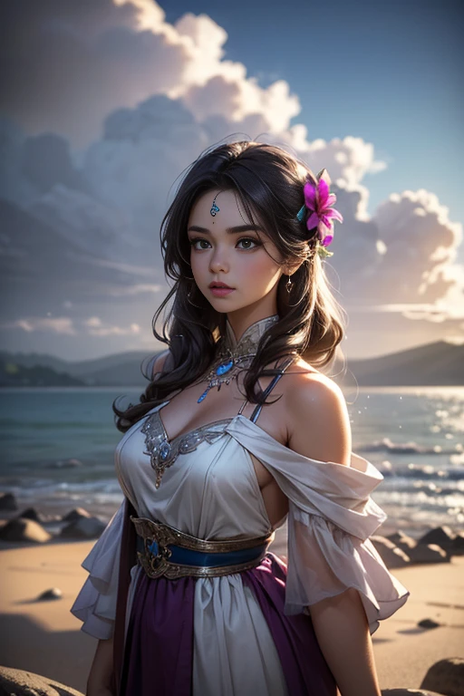 (upper body), (best quality:1.1) ,(photorealistic:1.1), (photography:1.1), (highly detailed:1.1), looking at viewer,armlet, Jade bracelet, eyelashes, happy, medium breasts,beautiful detailed girl, (extremely detailed eyes and face), (lighting on face),necklace,Colorful clothes, [chinese clothes],[off shoulder], (solo:1.2), sandbeach,sand,Standing by the seaside, summer, (beautiful detailed sky),