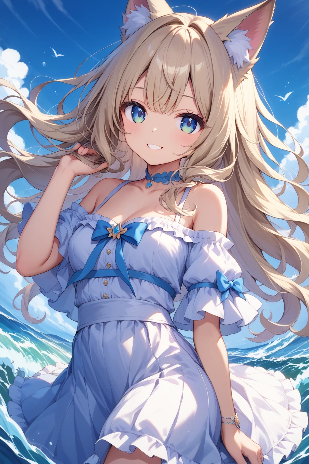 A cute white shirt that makes her look beautiful 、Light blue frilled flared skirt、She holds up her skirt with both hands、Showing off her cute white underwear、The white underwear you can see when you lift up your skirt is cute、Sandy Beach, Beautiful sea, Night and starry sky
