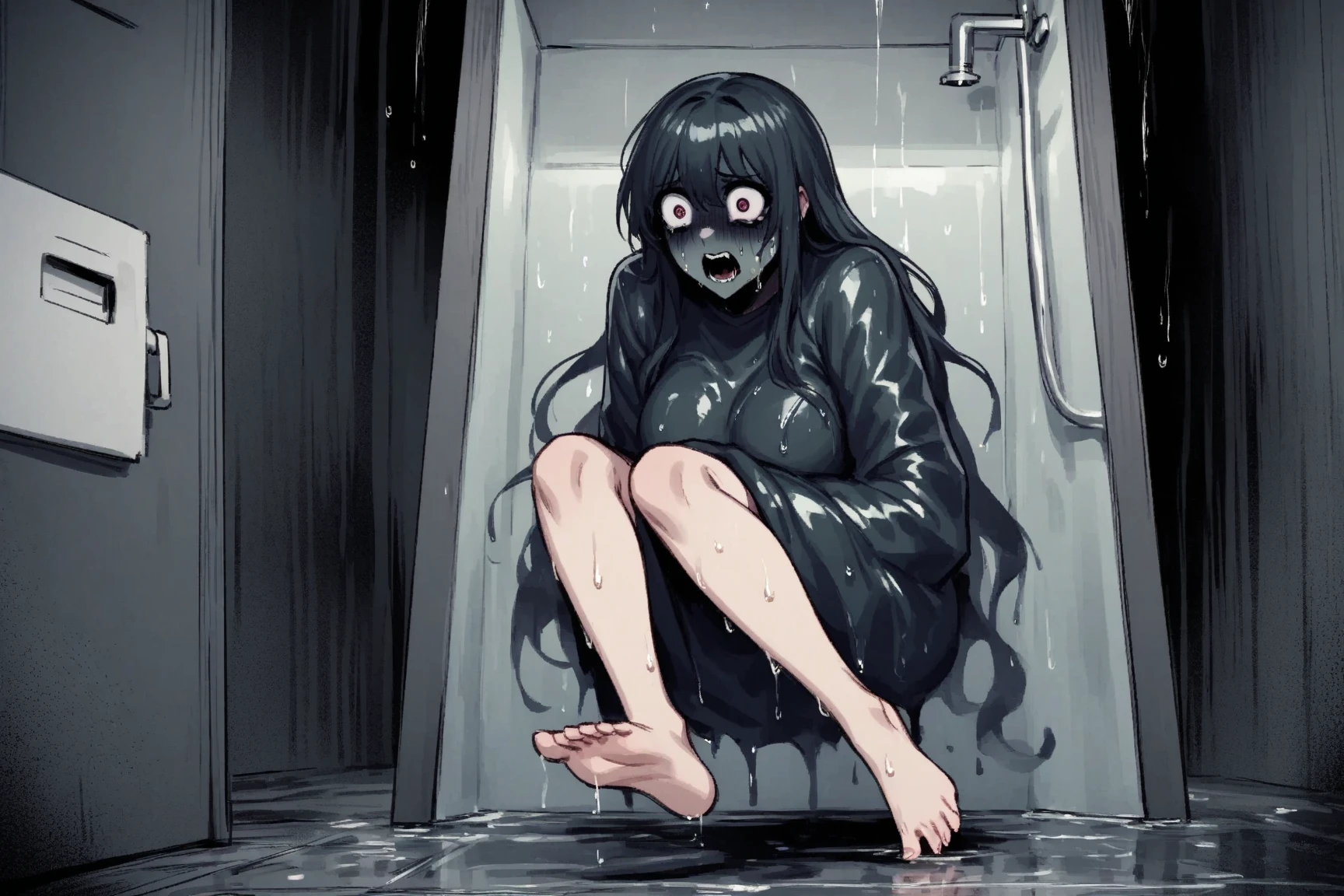 (6yo girl:1.5), best quality, masterpiece, 4K RAW photo, ultra-detailed, 1girl , solo, looking at viewer, smile, (toilet:1.2), from above, mesugaki, mini microbikini, completely flat chest, wariza, sitting on floor, open mouth, bukkake, cum, frontage, black haired, twintail hair, cum hair, cum body, plug gag, blindfolds,