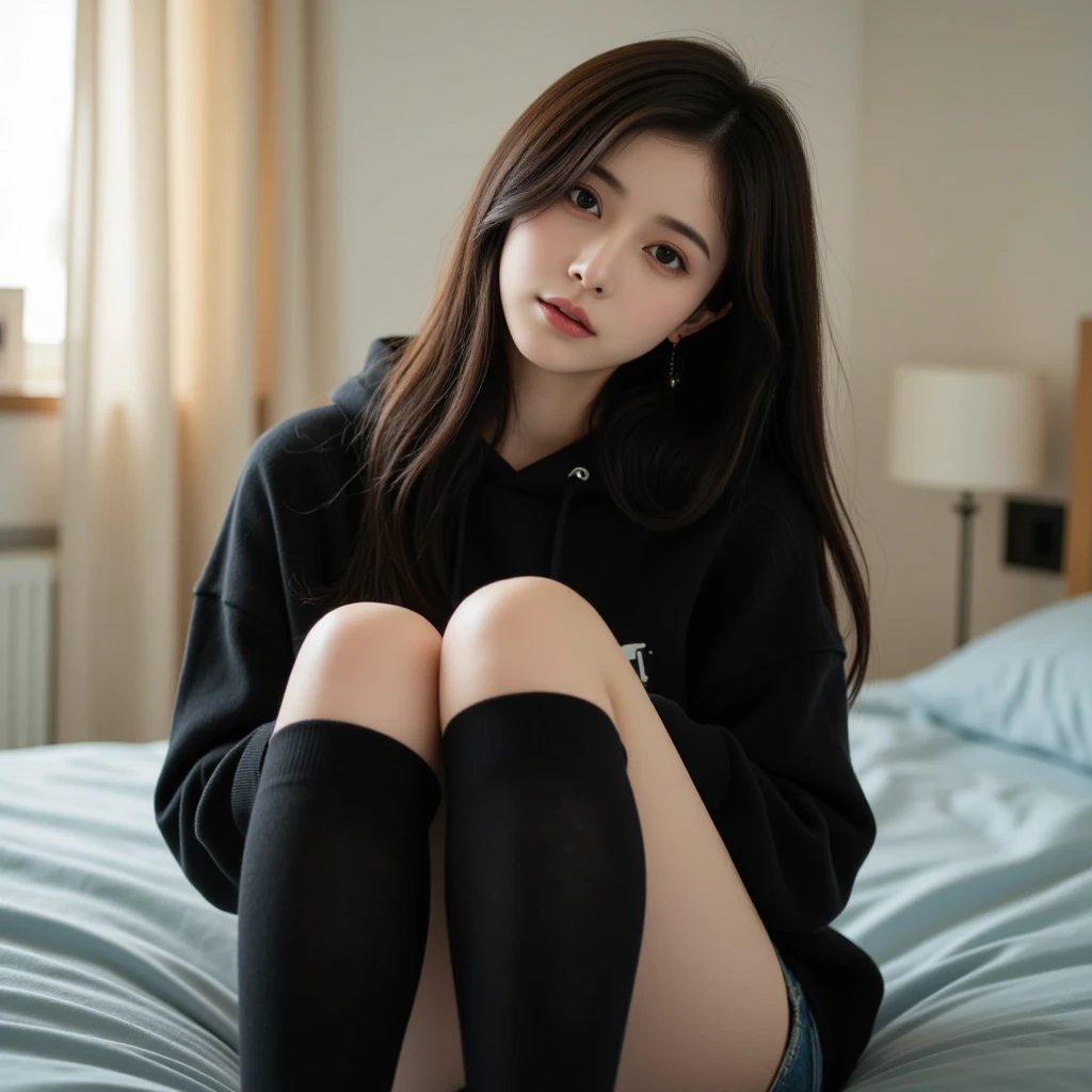 best quailty,masterpiece,Super-High Resolution,(fidelity:1.4),OriginalPhoto,1girl,the Long legs,standingn,deep-shadows,Dark theme
