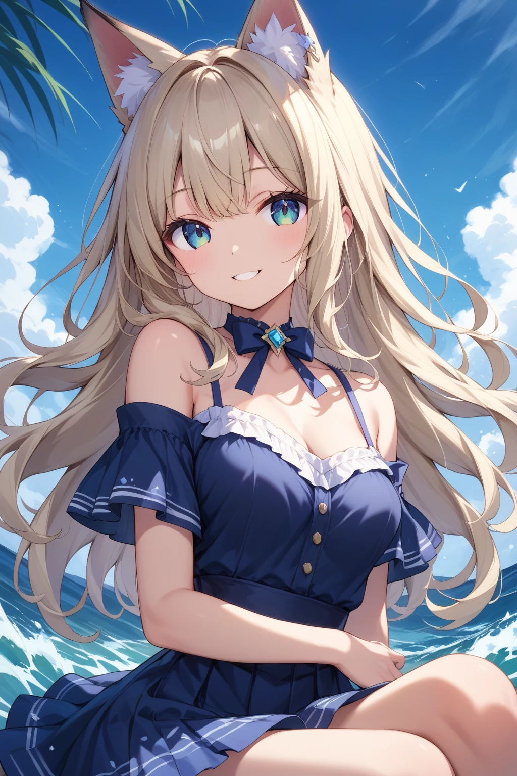 A cute white shirt that makes her look beautiful 、Light blue frilled flared skirt、She holds up her skirt with both hands、Showing off her cute white underwear、The white underwear you can see when you lift up your skirt is cute、Sandy Beach, Beautiful sea, Night and starry sky