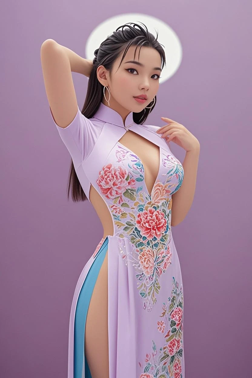 (Tabletop:1.0), (highest quality:1.4), (High resolution:1.2), (Realistic:1.4),(From below:1.5), (8k, RAW Photos:1.2), (Soft Focus:1.4), She is wearing a Chinese dress, She is wearing a Chinese dress ,(Translucent lavender cheongsam print floral pattern:1.4), Slime Skin, Smooth and tight ,  Beautiful Skin, Translucent body, Matte Dresses, Skin-tight gloves,Bob Hair, Gal Makeup, Japanese Goddess, Glowing Skin, Gorgeous Japanese Model, Detailed Background, bangs, ((Long Hair)), Lavender Chinese dress