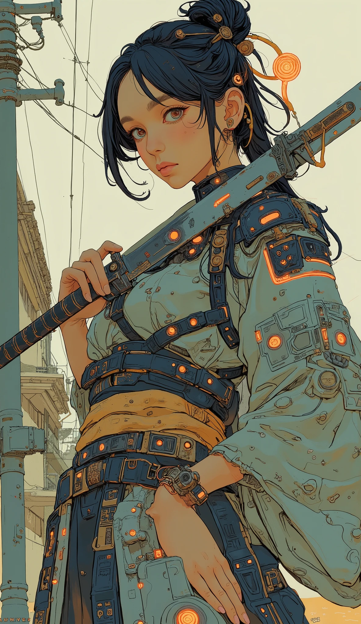 Highest quality, masterpiece, photograph, 4K, photographrealistic, Very detailed,
Girl riding a bicycle, Techwear, Cyberpunk City, alone, Futuristic, Huge moon in the background, Black and White, toriyama akira, close,
